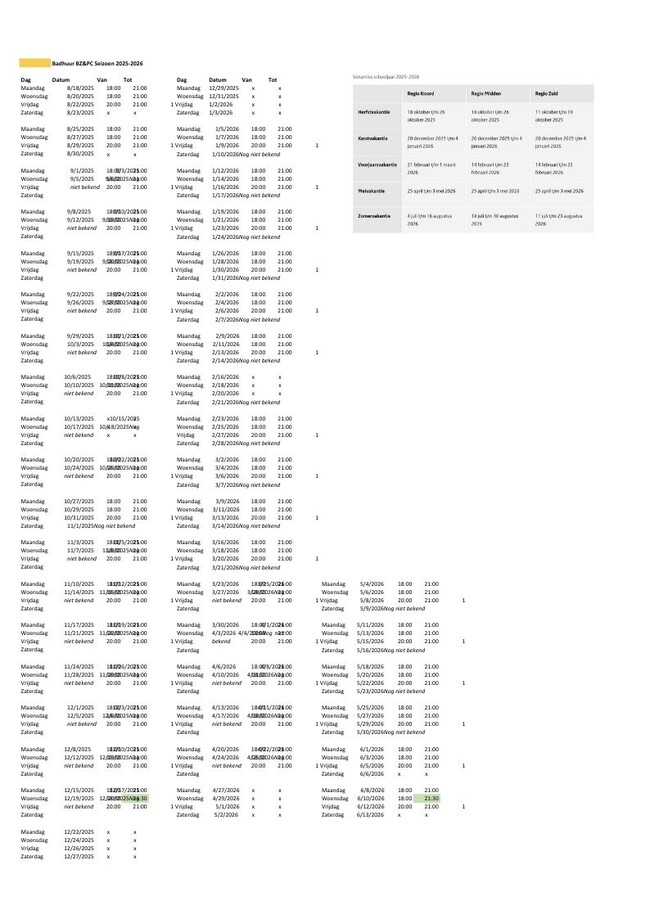 Rooster aankomende seizoen