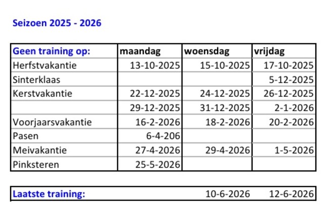 Tijden waarop geen training in seizoen '25-'26
